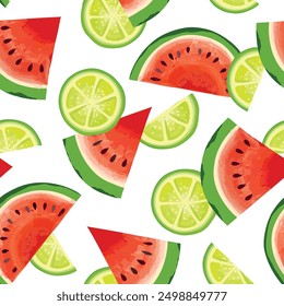 Patrón de verano de frutas. Sandía fresca, lima, menta en rodajas. Vector de fondo colorido con frutas.