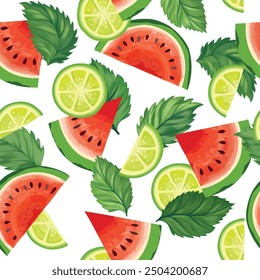 Patrón de verano de frutas. Sandía fresca, lima, menta en rodajas. Vector de fondo colorido con frutas.