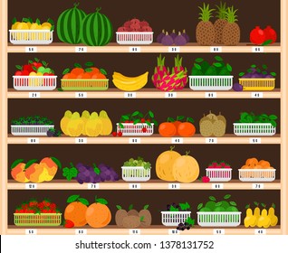 Fruits supermarket shelves. Food farm store interior with fruit showcase, fresh grocery shop with eco ripe apples and strawberries, dragonfruit and pineapples vector illustration