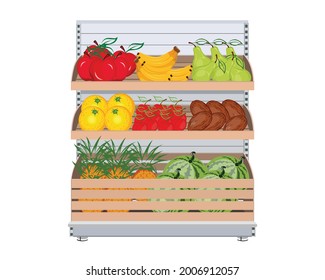 Fruits Supermarket Shelves.food Farm Store Interior With Fruit.supermarket.fruits.food Clipart.fruit Vector.farm Shop.local Market.selling Fruits.store On Flat Design Vector Illustration.