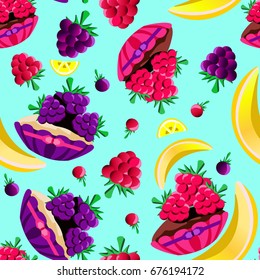 fruits and sweet cupcakes pattern illustration on a blue background