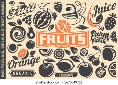 Fruits symbols, logos, emblems, icons and design elements collection. Vector fruit graphic with healthy organic farm fresh food.