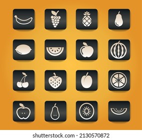 Fruits symbols on black buttons on yellow background