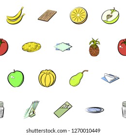 Fruits and Table setting set. Background for printing, design, web. Usable as icons. Seamless. Colored.