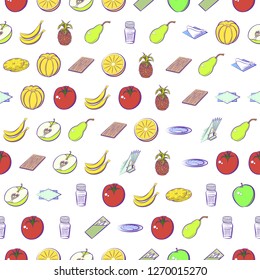 Fruits and Table setting set. Background for printing, design, web. Usable as icons. Seamless. Colored.