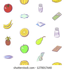 Fruits and Table setting set. Background for printing, design, web. Usable as icons. Seamless. Colored.