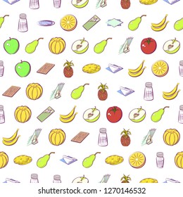 Fruits and Table setting set. Background for printing, design, web. Usable as icons. Seamless. Colored.
