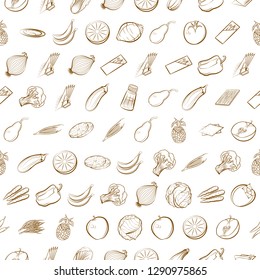 Fruits, Table setting and Vegetables set. Background for printing, design, web. Usable as icons. Seamless. Binary color.