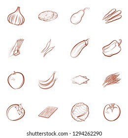 Fruits, Table setting and Vegetables set. Background for printing, design, web. Usable as icons. Binary color.