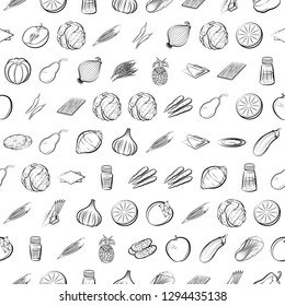 Fruits, Table setting and Vegetables set. Background for printing, design, web. Usable as icons. Seamless. Monochrome binary, black and white.