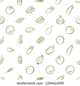 Fruits, Table setting and Vegetables set. Background for printing, design, web. Usable as icons. Seamless. Binary color.