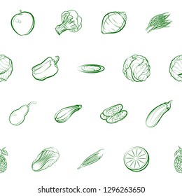 Fruits, Table setting and Vegetables set. Background for printing, design, web. Usable as icons. Seamless. Binary color.