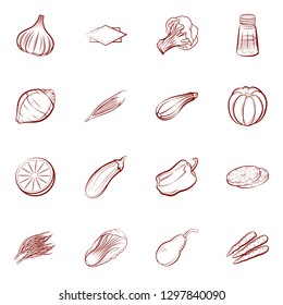Fruits, Table setting and Vegetables set. Background for printing, design, web. Usable as icons. Binary color.
