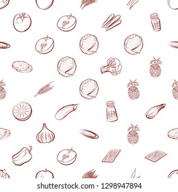 Fruits, Table setting and Vegetables set. Background for printing, design, web. Usable as icons. Seamless. Binary color.