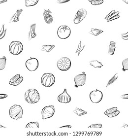 Fruits, Table setting and Vegetables set. Background for printing, design, web. Usable as icons. Seamless. Monochrome binary, black and white.