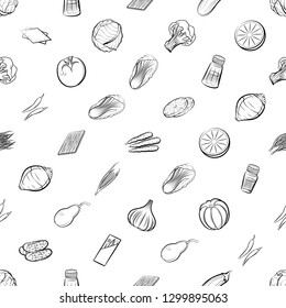Fruits, Table setting and Vegetables set. Background for printing, design, web. Usable as icons. Seamless. Monochrome binary, black and white.