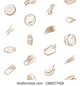 Fruits, Table setting and Vegetables set. Background for printing, design, web. Usable as icons. Seamless. Binary color.