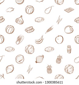 Fruits, Table setting and Vegetables set. Background for printing, design, web. Usable as icons. Seamless. Binary color.