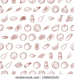 Fruits, Table setting and Vegetables set. Background for printing, design, web. Usable as icons. Seamless. Binary color.