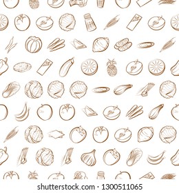 Fruits, Table setting and Vegetables set. Background for printing, design, web. Usable as icons. Seamless. Binary color.