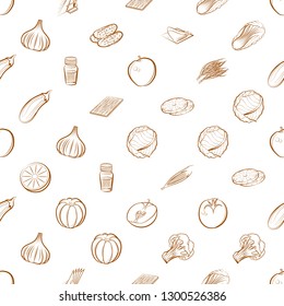 Fruits, Table setting and Vegetables set. Background for printing, design, web. Usable as icons. Seamless. Binary color.