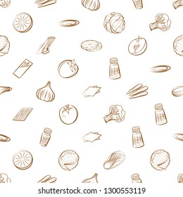 Fruits, Table setting and Vegetables set. Background for printing, design, web. Usable as icons. Seamless. Binary color.