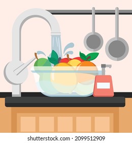 Früchte, die vor dem Essen gesäubert wurden. Vektorfarbige Illustration. Waschen.
