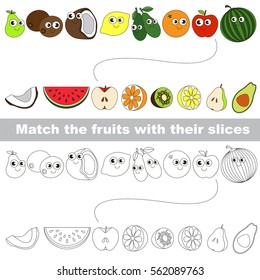 Fruits and their slices set to find the appropriate couple of objects, to connect objects and their relevant pairs, the matching educational kid game with simple gaming level for preschool kids.
