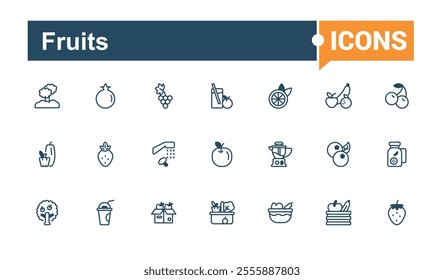 Fruits thin line icon set. Containing watermelon, berry, avocado, nutrition, banana, web and more. Simple web icons. Solid line editable stroke. Vector line and solid icons.