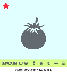 Fruits tomato icon flat. Grey pictogram on blue background. Vector illustration symbol and bonus buttons medal, cow, earth, eye, calculator