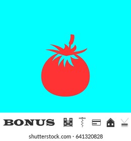 Fruits tomato icon flat. Red pictogram on blue background. Vector illustration symbol and bonus buttons Music center, corkscrew, credit card, house, drum