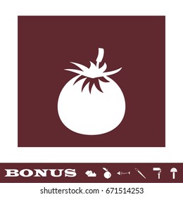 Fruits tomato icon flat. White pictogram on brown background. Vector illustration symbol and bonus icons