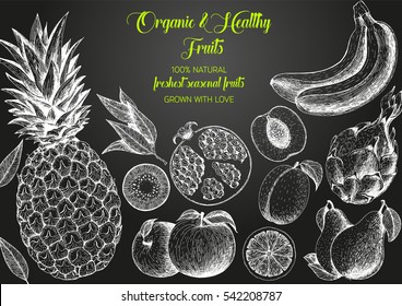 Fruits top view frame. Farmers market menu design. Healthy food poster. Vintage hand drawn sketch, vector illustration. Linear graphic.