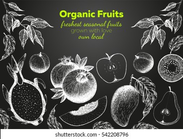 Fruits top view frame. Farmers market menu design. Healthy food poster. Vintage hand drawn sketch, vector illustration. Linear graphic.