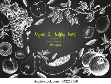 Fruits top view frame. Farmers market menu design. Healthy food poster. Vintage hand drawn sketch, vector illustration. Linear graphic.