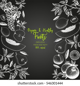 Fruits top view frame. Farmers market menu design. Healthy food poster. Vintage hand drawn sketch, vector illustration. Linear graphic.