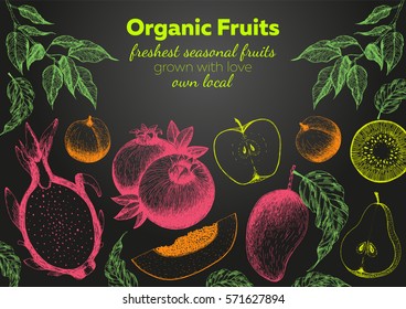 Fruits top view frame. Farmers market menu design. Healthy food chalkboard poster. Vintage hand drawn sketch, vector illustration. Linear graphic