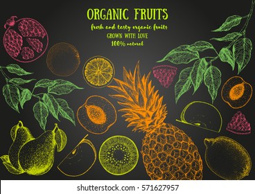 Fruits top view frame. Farmers market menu design. Healthy food chalkboard poster. Vintage hand drawn sketch, vector illustration. Linear graphic