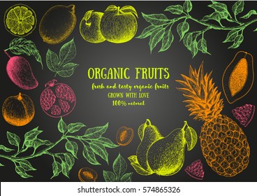 Fruits top view frame. Farmers market menu design. Healthy food poster. Vintage hand drawn sketch, vector illustration. Linear graphic
