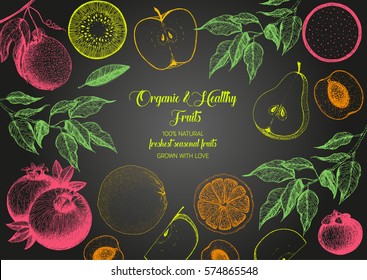 Fruits top view frame. Farmers market menu design. Healthy food poster. Vintage hand drawn sketch, vector illustration. Linear graphic