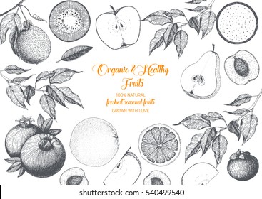 Fruits top view frame with mangosteen, bergamot, passionfruit, pomegranate, apple, peach, kiwi. Farmers market menu design. Healthy food poster. Vintage hand drawn sketch, vector illustration.