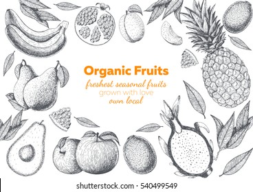 Fruits top view frame with pitaya, peach, pomegranate, avocado, banana, pineapple. Farmers market menu design. Healthy food poster. Vintage hand drawn sketch, vector illustration. Linear graphic.