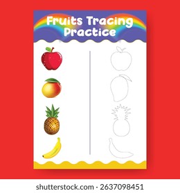 Fruits Tracing Practice Worksheet template for Kids, a4 print ready worksheet vector template for kids suitable for back to school