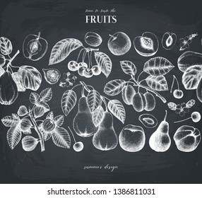 Fruits and trees branches design. Cherry, plum, peach, apple, peach, apricot, fig, quince, pear sketches on chalkboard. Vector fruits outlines. Hand drawn botanical illustration. Seamless