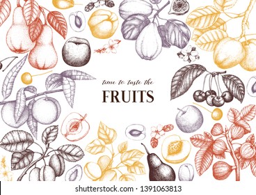 Fruits trees design. Cherry, plum,  apple, peach, apricot, fig, quince, pear sketches. With flowers, fruits, branches. Vintage food design template. Hand drawn botanical illustration. Vector outlines.