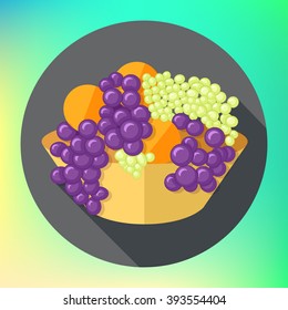 fruits tureen oranges and grapes flat long shadow style vector icon. Modern flat pictogram. Fruit bowl grapes bunch flat sign. Grapes and oranges symbol.