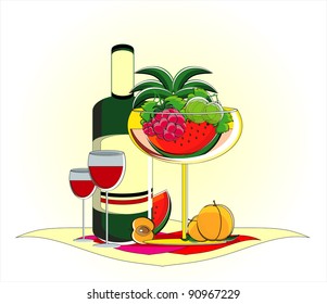 fruits in vase with bottle of red wine on served table