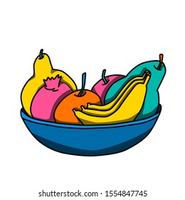 Fruits in the vase, coloured vector illustrations. Garnet, orange, pears and bananas.