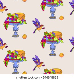 Fruits in a vase and flying birds with cherry seamless pattern.