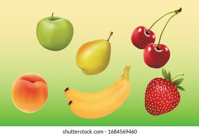 Fruits Vector Apple Peach Strawberry banana Pear Cherry Illustration Summer Vector